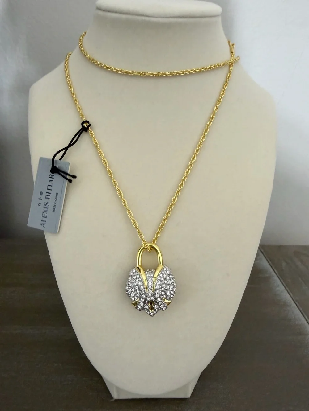 NWT Alexis Bittar Crystal Heart Pavé Padlock Pendant Necklace Gold Tone Chain
